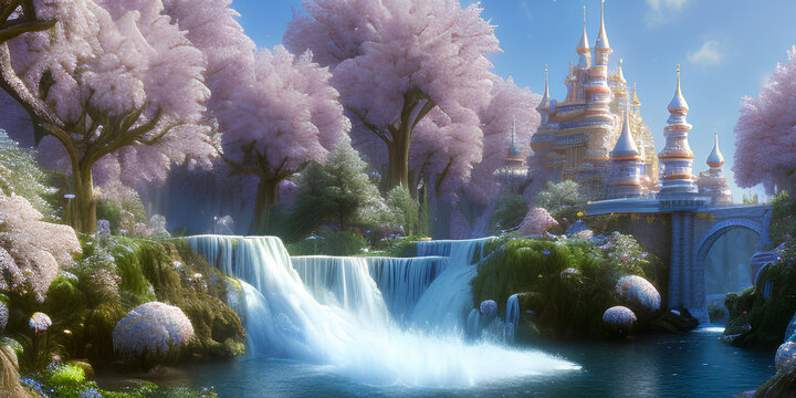 Fantasy castle landscape with magical waterfalls, forest. Background illustration. Digital matte painting