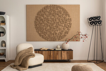 Interior design of living room interior with mock up poster frame, white armchair, wooden sideboard, sculpture, rug, black modern lamp and personal accessories. Home decor. Template.