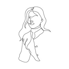 line portrait waist-length of a beautiful sitting woman with long wavy hair and in a raincoat