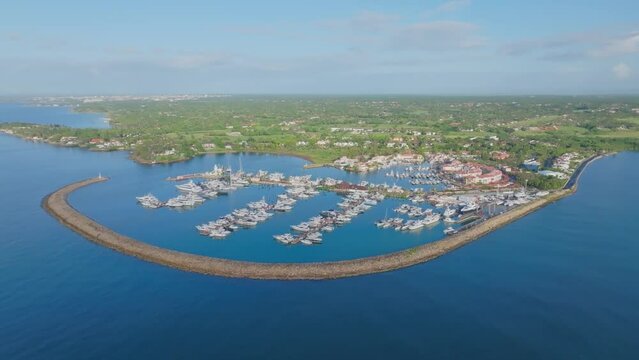 Aerial round shot of Marina Casa De Campo Near Chavon River, Dominican Republic