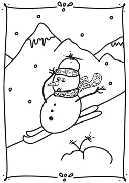 Snowman coloring illustration ski holiday deco mountain in snow, winter season ambaince. Printable picture for kids coloring