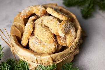 Half-moon shaped vanilla walnut shortbread cookies Vanillekipferl. Traditional pastries for...