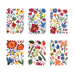 Fototapeta na wymiar Floral Doodle Rectangular Shape with Colorful Flowers Vector Set