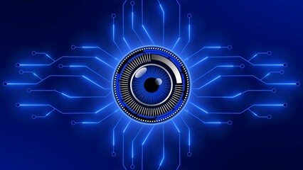 Electronic eye in frame between information connecting lines - futuristic digital circuit background - 3D Illustration