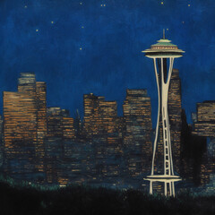 Illustration of Seattle Skyline at Night