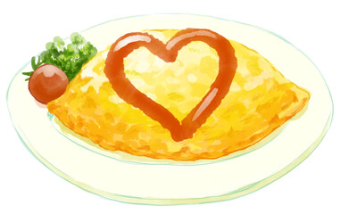 ハートのケチャップのかかったふっくらしたおいしそうなオムライスの水彩イラスト(透過PNG)