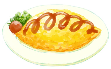 くるくるとケチャップのかかったふっくらしたおいしそうなオムライスの水彩イラスト(透過PNG)