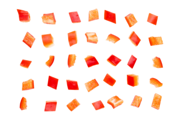 Set of fresh whole and sliced red bell pepper isolated on white background. With clipping path. Full depth of field. Focus stacking