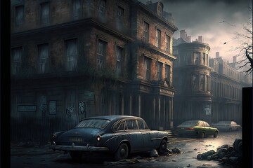 Fototapeta premium Abandoned City with an Abandoned House, and Abandoned Cars, in an Apocalyptic Scene with no humans or living animals