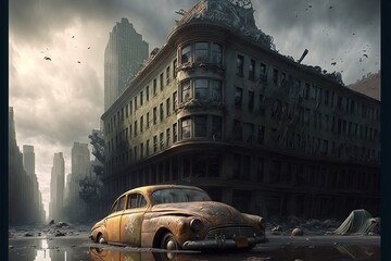 Fototapeta premium Abandoned City with an Abandoned House, and Abandoned Cars, in an Apocalyptic Scene with no humans or living animals