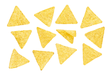 Flying mexican nachos chips, isolated on white background. With clipping path. Full depth of field. Focus stacking
