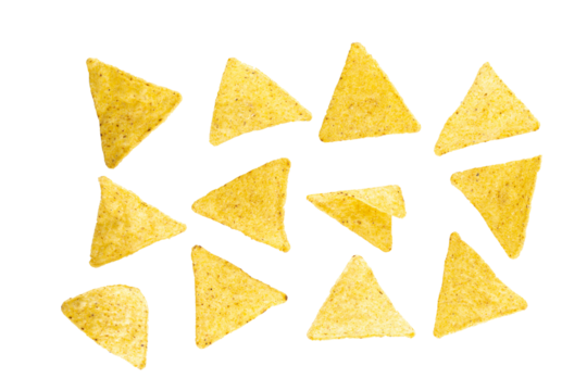 Flying mexican nachos chips, isolated on white background. With clipping path. Full depth of field. Focus stacking