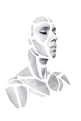 Portrait of a person with creative art grey makeup posing in the studio. Shape of gray polygons on beautiful human face. Geometrical pattern isolated on white background.