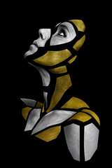 Portrait of a human with creative art makeup posing in the studio. Shape of silver gray and golden polygons on beautiful face, neck and shoulders. Parts of face isolated on black background.