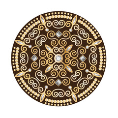 Mandala. Vintage greeting card with gold jewelry and diamond decoration on brown   background, wedding invitation or announcement PNG