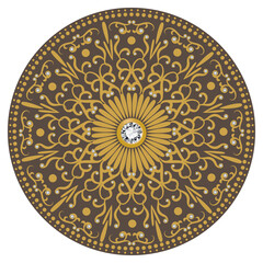 Mandala. Vintage greeting card with gold jewelry and diamond decoration on brown   background, wedding invitation or announcement PNG