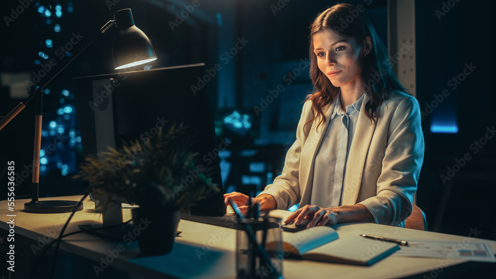 Poster office at night: female manager working long hours alone in creative agency, implementing business s