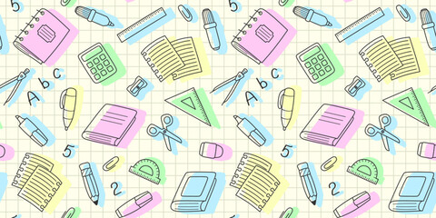 Black outline school supplies and office stationary and colored shadows on a notebook sheet in a cell. Back to school endless texture, education and business concept. Vector seamless pattern for print