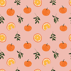 Vector winter delicious oranges, leaves and slices seamless pattern. Hand painted orange fruits illustration. Cozy cute flat fruit premade wallpaper, wrapping paper, background texture