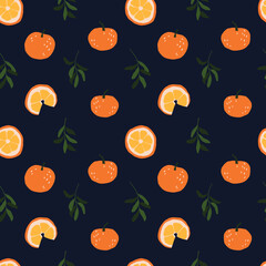 Vector winter delicious oranges, leaves and slices seamless pattern. Hand painted orange fruits illustration. Cozy cute flat fruit premade wallpaper, wrapping paper, background texture