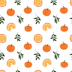 Vector winter delicious oranges, leaves and slices seamless pattern. Hand painted orange fruits illustration. Cozy cute flat fruit premade wallpaper, wrapping paper, background texture