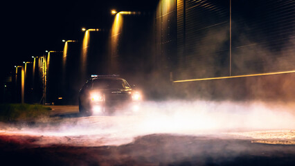 Police Officers in Patrol Car Cruising Seedy Streets of a City Ready to Arrest Criminals. Cops...