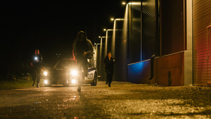 Two Police Officers in Pursuit of a Suspect. Cops Getting out of the Car Start Chasing Criminal on Foot Through the Dark City Streets. Heroic Officers Catching and Arresting Drug Dealer, Murdered © Gorodenkoff