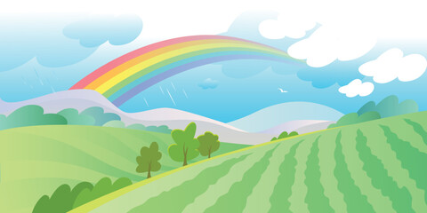 Bright gentle landscape of a valley with hills and trees, weather after rain with a rainbow. Vector illustration