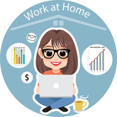 Work at Home with girl and laptop flat icon PNG