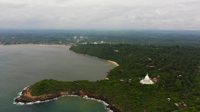 Aerial view of Japanese Peace Pagoda, Buddhist temple near Unawatuna in Sri Lanka