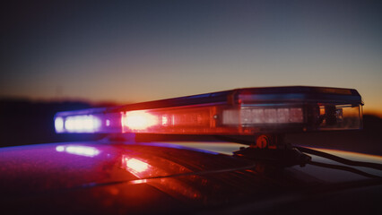 Close-up Shot of Police Car Siren Lights. Offices of the Law Ready for Action, Chase the Criminals,...