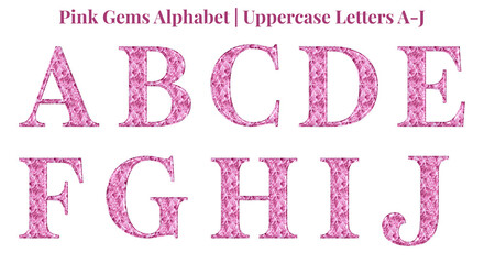 Pink gems alphabet set, includes font or letters in uppercase and lowercase, numbers, punctuation marks, and symbols