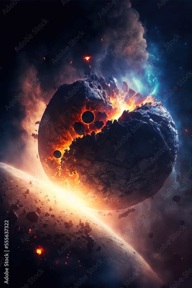 Wall mural planet explosion. earth destruction. meteor disaster. planet earth exploding and shattering in half.