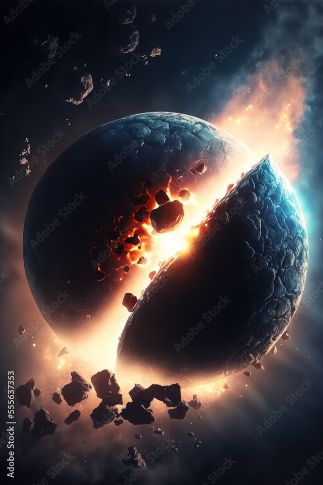 Wall mural planet explosion. earth destruction. meteor disaster. planet earth exploding and shattering in half.