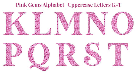Pink gems alphabet set, includes font or letters in uppercase and lowercase, numbers, punctuation marks, and symbols