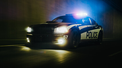 Fototapeta na wymiar Night Shift Traffic Patrol Car In Pursuit Driving Fast with Sirens Blazing through the City Streets. Officers of the Law Chasing a Suspect. Cops in Squad Car Ready to Fight Crime. Cinematic Night Shot