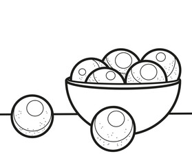 Plate with balls, oranges. Black and white vector image. Coloring.