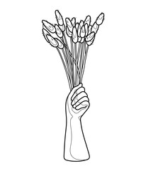 Trendy figurine vase with dried flowers. Black and white vector image. Coloring.