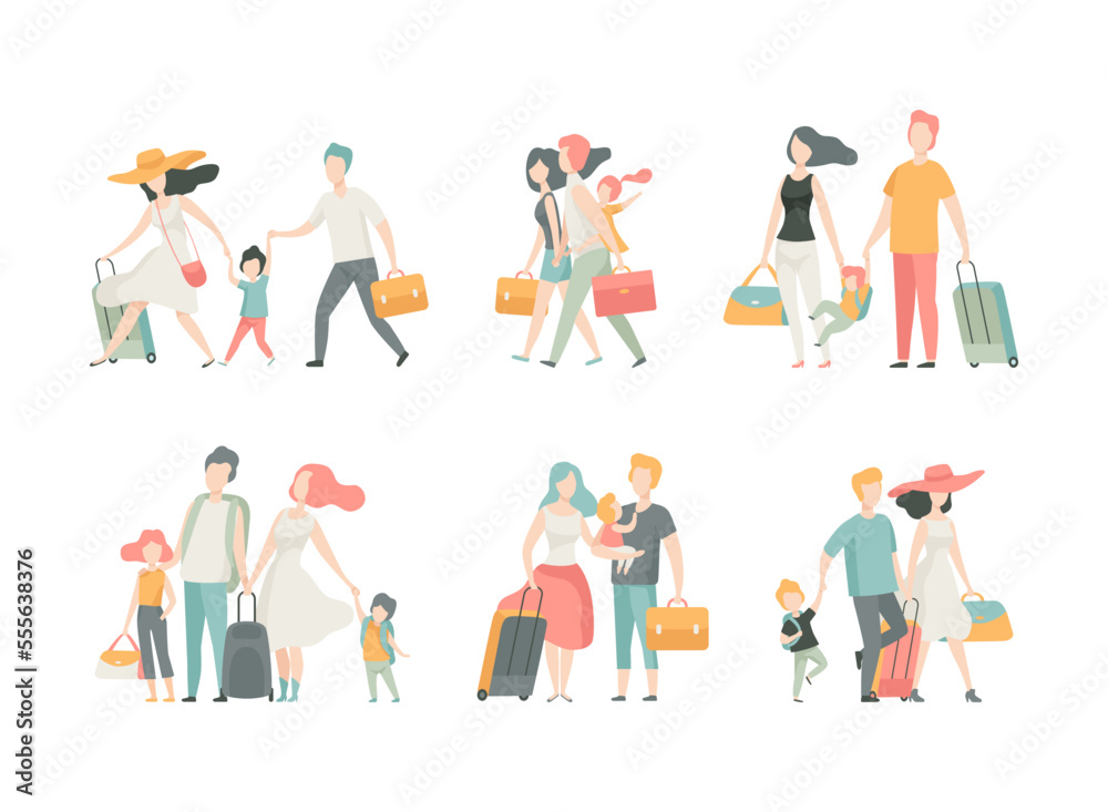 Sticker Family Travelling with Kids Pulling Suitcase Holding Child by Hand Vector Set