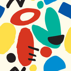 Abstract seamless pattern with colorful shapes on a cream background.