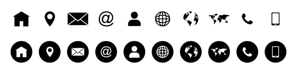 Set of black and white icons transparent. web icon, map icon, contact icon, phone icon, home icon, mail icon, location icon, and social media signs. address icon set.