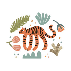 Fashionable print with tiger and flowers. Vector natural composition is hand drawn style