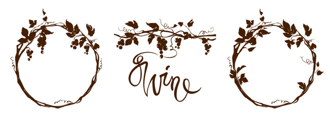 Grapevine - vector illustration. Design elements with a twisting vine with leaves and berries. Frame with vine.	 - obrazy, fototapety, plakaty