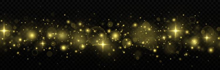 Golden sparks and glitter special light effect. Shining bokeh is isolated on a transparent background.
