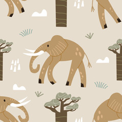 Obraz premium Seamless pattern with elephant. Children's safari background in hand drawn style.