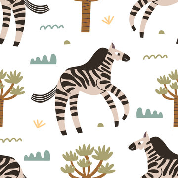 Seamless zebra pattern on a white background. Children's fashion print for textiles and wallpaper.
