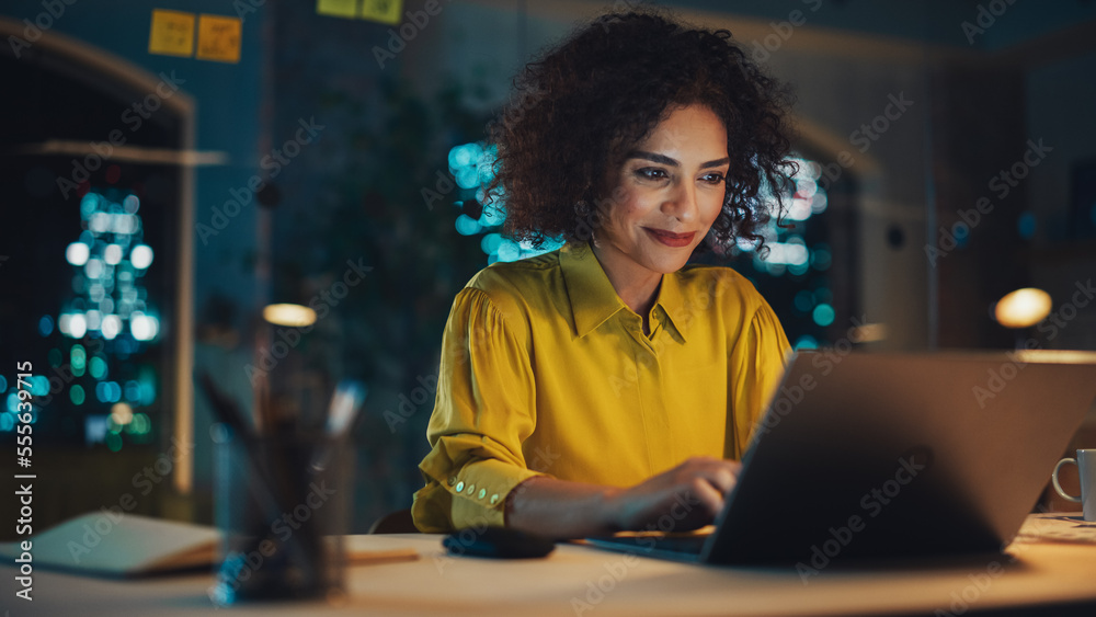 Poster expressive multiethnic middle eastern female working on a creative job position in a business agency