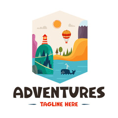 Adventure badge design with whale, mountain landscape and quote-adventures. Travel logo graphics. Stock vector camping label