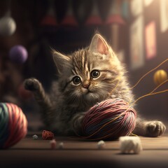 gattino che gioca con un gomitolo di lana - obrazy, fototapety, plakaty