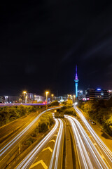 Auckland City busy traffic on the highway at night, New Zealand